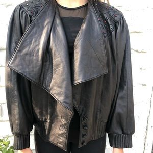 1980s Leather Puffy Sleeves Rhinestone Jacket